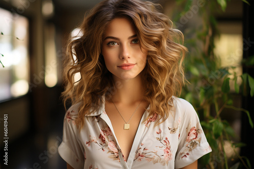 portrait of a young beautiful woman in a floral print dress with wavy hair on a blurred background of a cozy interior