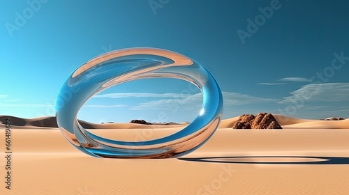 3d render, abstract futuristic background. Desert landscape with sand water and glossy metallic rings under the clear blue sky