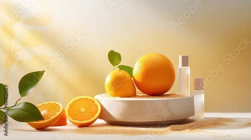 Beauty skin care product presentation podium and display with copy space made with porous stones and oranges on white sunny background. Studio photography.