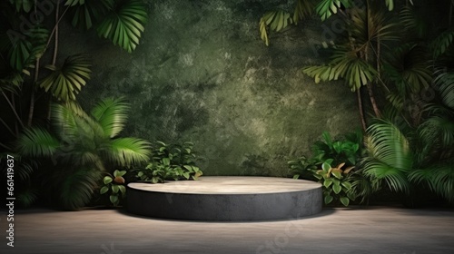Concrete podium in tropical forest for product presentation and green wall.3d rendering