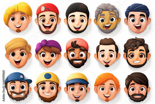 Diverse set of cartoon avatar faces, portraying joyful expressions of male characters. Multicultural, cheerful, and cute collection. © Postproduction