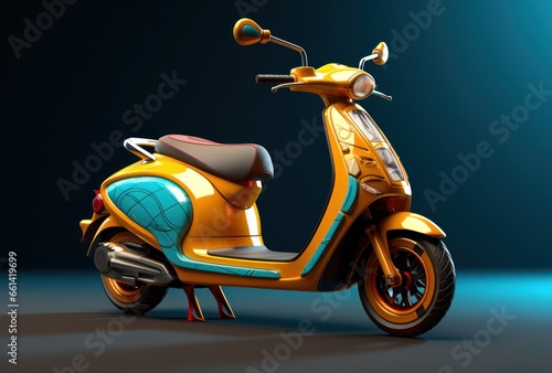 A sleek and vibrant yellow scooter adorned with blue details, sits parked and ready for adventure, its wheels and tires eager to transport you on a thrilling ride through the great outdoors photo