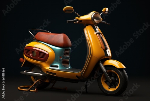 A vibrant yellow scooter with a sleek brown seat rests gracefully, its tire and wheel gleaming in the sunlight, a symbol of freedom and adventure, evoking images of a vintage moped or a stylish vespa photo