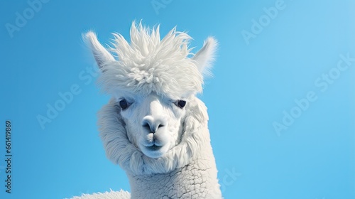White alpaca on blue background
