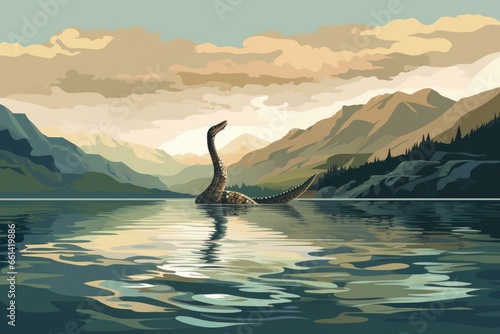 loch ness monster in lake illustration © krissikunterbunt