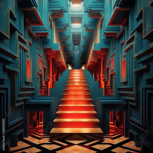 Ascending through a labyrinth of symmetrical steps, the vibrant contrast of blue walls and red lights creates an immersive art installation within the confined space of a building