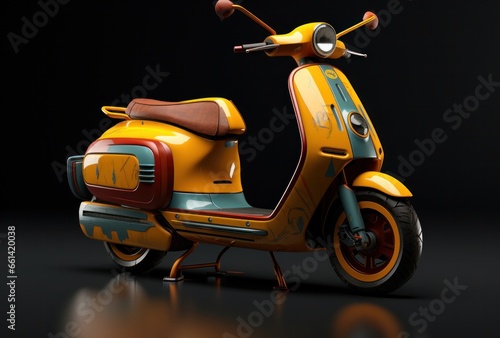 A vibrant yellow and blue scooter, its motor purring like a wild animal, sat parked on the side of the road, its sleek wheels and tires gleaming in the sunlight, beckoning to be ridden like a daring  photo