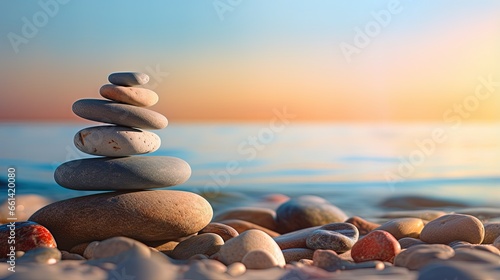 Balanced pebbles pyramid on the beach on sunny day and clear sky at sunset. Blue sea on background. Selective focus, bokeh. Zen stones on sea beach, meditation, spa, harmony, calm, balance concept.