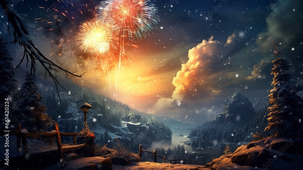 happy new year, celebration 2024 sparkes, banner, beautiful landscape, generative ai