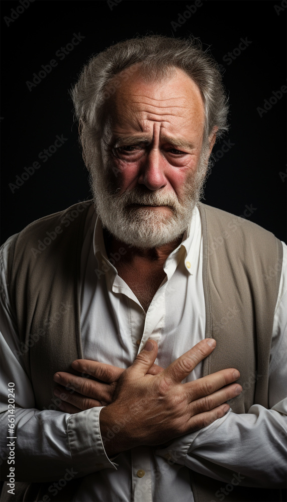 An elderly gray-haired bearded man presses his hand in the area of his heart. Health concept.