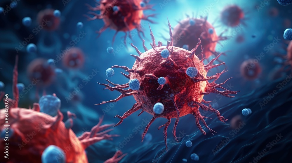 Nanoparticles destroying cancer cells, nanoparticles cancer therapy, cancer cell surrounded by nanoparticles killing the tumor 3d rendering - obrazy, fototapety, plakaty 