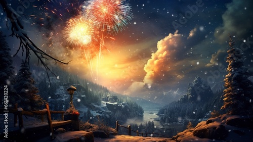happy new year, celebration 2024 sparkes, banner, beautiful landscape, generative ai © Nia™