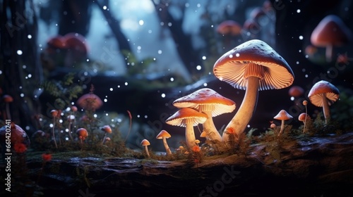 Mysterious magical cave with magical glowing growing mushrooms. The concept of magical mysterious mushrooms. 3D Rendering.