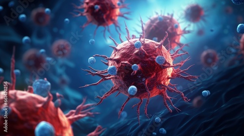 Nanoparticles destroying cancer cells, nanoparticles cancer therapy, cancer cell surrounded by nanoparticles killing the tumor 3d rendering photo