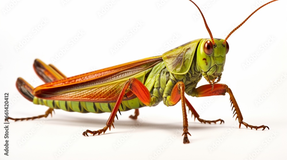 Fototapeta premium Isolated on white, a grasshopper with red, orange, and green wings. Close-up of the extraordinary and magnificent Madagascar giant grasshopper Phymateus saxosus. Insect collection. Orthoptera. Entomol