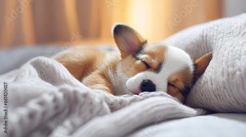 Close up adorable tricolored Welsh corgi puppy sleep on a white soft blanket in studio. Sleep well and tight. Comfort and care for young animals and pets. Vet treatment and control. Copy space © HN Works