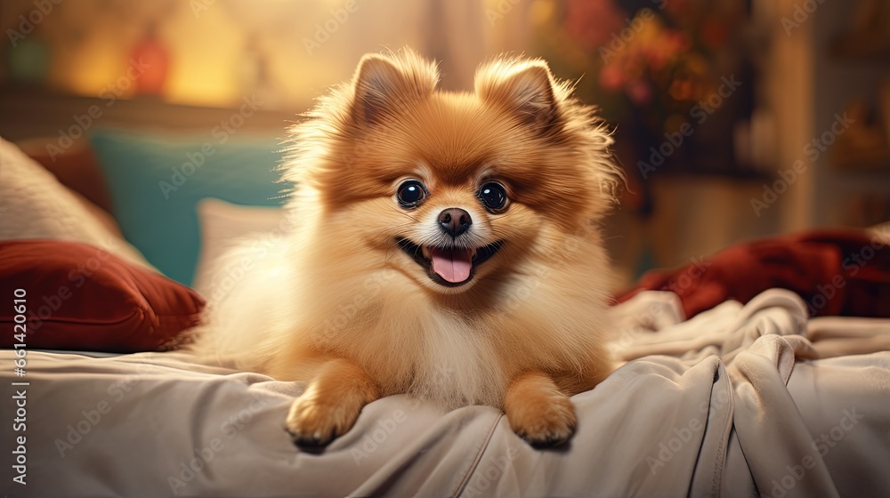 Pomeranian dog sitting on the bed in pet store Pomeranian dog sitting on the bed in pet store