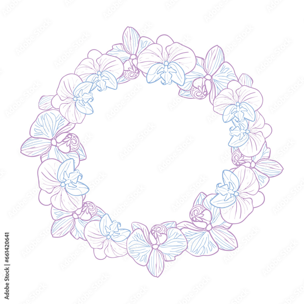 Orchid tropical flower wreath. Vector line art hand drawn illustration for design of card or invite, logo, coloring page
