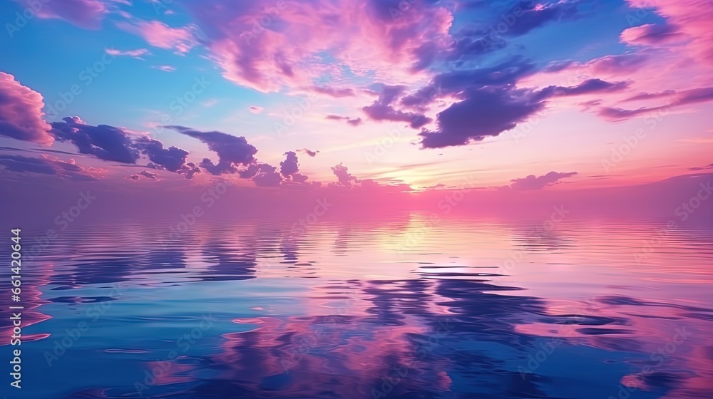 Stunning pink-purple sunrise on the Kiev Sea. Seascape with azure water and purple clouds in reflection. Tourism and recreation.