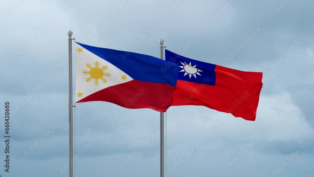 Taiwan and Philippines flag waving together on cloudy sky, endless seamless loop, two country cooperation concept Taiwan and Philippines flag waving together on cloudy sky, endless seamless loop, two country cooperation concept