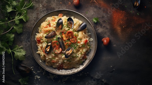 Plate with tasty seafood risotto on grunge background