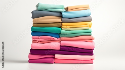 Stack of colorful perfectly folded clothing items. Pile of different pastel color shirts, sweaters isolated and other garments on white background. Close up, top view, copy space.