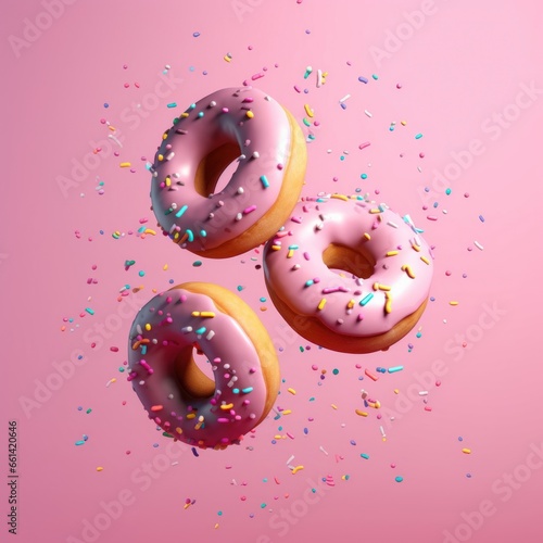 Flying Frosted sprinkled donuts. Set of multicolored doughnuts with sprinkles isolate on pink background. 3d rendering, Generative AI