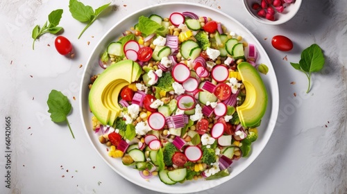 Plate of colorful healthy salad with avocado, sweet corn, pomegranate, cucumber, red onion, lime, greek yogurt and sunflower seeds on a marble background, top view © HN Works