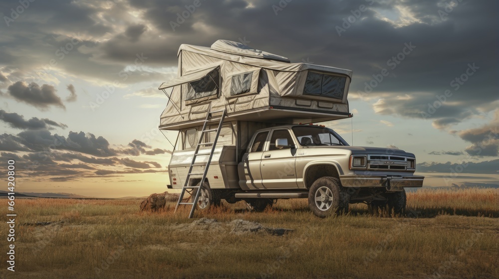 Truck with Roof Top Tent in Field