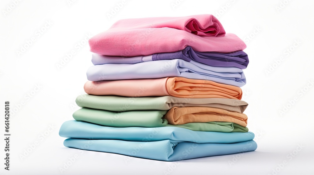 Stack of colorful perfectly folded clothing items. Pile of different pastel color shirts, sweaters isolated and other garments on white background. Close up, top view, copy space. Stack of colorful perfectly folded clothing items. Pile of different pastel color shirts, sweaters isolated and other garments on white background. Close up, top view, copy space.