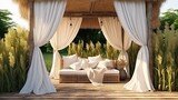 Outdoor decor for garden wooden gazebo design outside. Nobody at veranda background, wicker furniture. White curtain at summer house, natural decoration with blankets, dry straw.