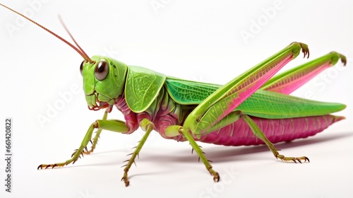 Isolated on white, a green grasshopper with pink wings. macro close shot of Chondracris rosea, orthoptera, bug collection, design element © Nazia