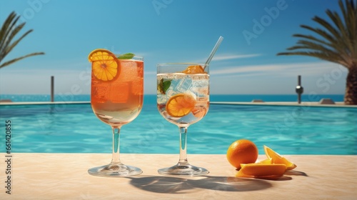 Cocktail glasses at pool, beach side.