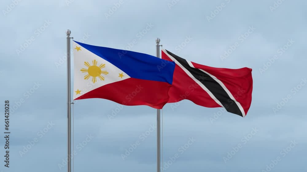Trinidad and Tobago and Philippines flag waving together on cloudy sky, endless seamless loop, two country cooperation concept Trinidad and Tobago and Philippines flag waving together on cloudy sky, endless seamless loop, two country cooperation concept