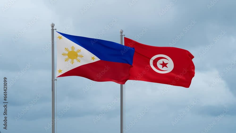 Tunisia and Philippines flag waving together on cloudy sky, endless seamless loop, two country cooperation concept Tunisia and Philippines flag waving together on cloudy sky, endless seamless loop, two country cooperation concept