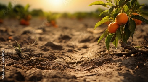 Drought soil on farm field. Planting a Mandarin trees. Orange Mandarin trees at plantation. Agricultural drought. Lack of water, rain and moisture in hot heat caused soil drought in farmers' field.