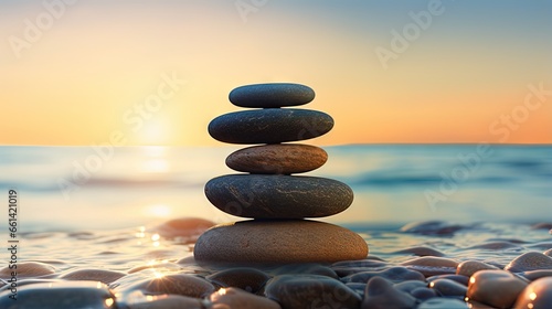 Balanced pebbles pyramid on the beach on sunny day and clear sky at sunset. Blue sea on background. Selective focus, bokeh. Zen stones on sea beach, meditation, spa, harmony, calm, balance concept.