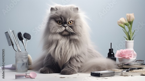 Photo Master of grooming haircut makes gray Persian cat on the table for grooming on a