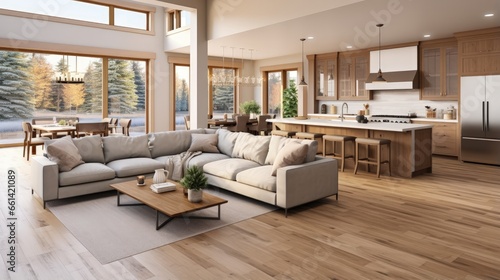 Living Room and Kitchen in New Luxury Home. Features Open Concept Floor Plan. © HN Works