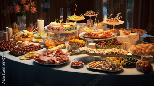 Banquet table with snacks, food on plates, festive table, corporate food