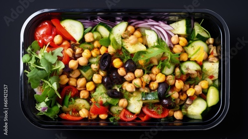 Colorful salad with vegetables in plastic free delivery food container: cucumber, pepper, salad, chickpeas and nuts. Sustainable lifestyle with healthy vegan food. Top view.