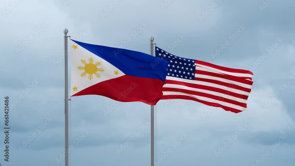 USA and Philippines flag waving together on cloudy sky, endless seamless loop, two country cooperation concept USA and Philippines flag waving together on cloudy sky, endless seamless loop, two country cooperation concept