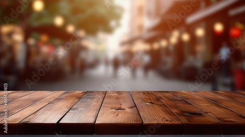 Wood table top on blur coffee shop background