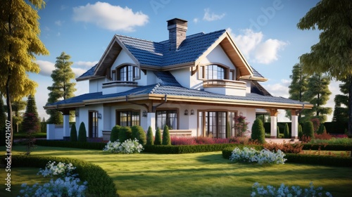 new beautiful suburban luxury house at sunny day with green grass © HN Works