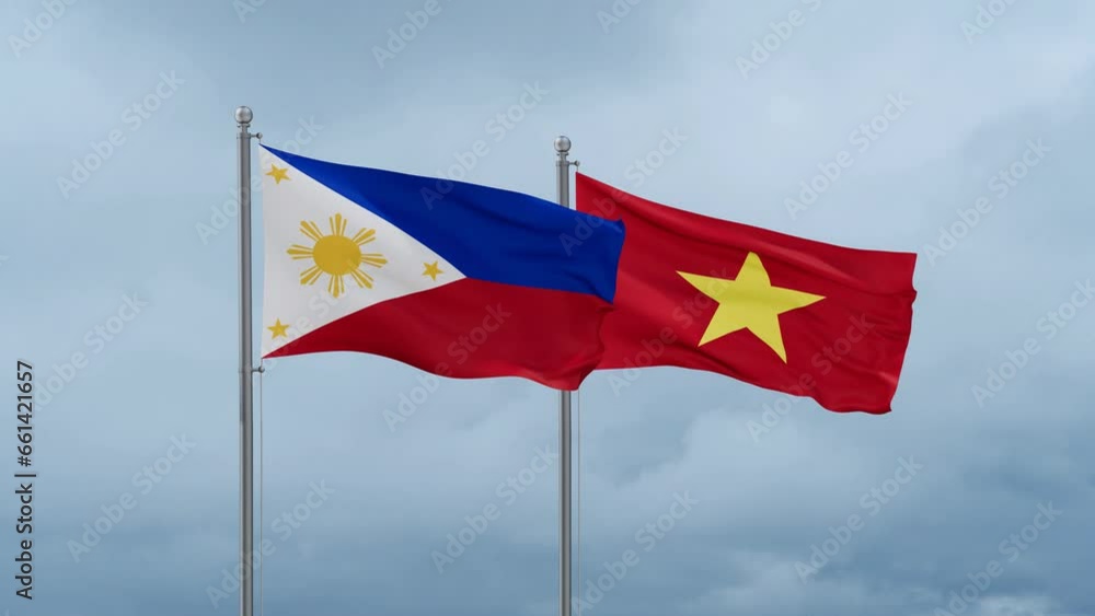 Vietnam and Philippines flag waving together on cloudy sky, endless seamless loop Vietnam and Philippines flag waving together on cloudy sky, endless seamless loop