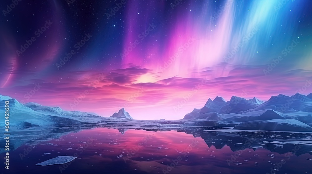Obraz premium 3d render, abstract panoramic background. Seascape with cliffs under the pink blue night gradient sky with northern lights, fantasy scenery wallpaper with Aurora Borealis