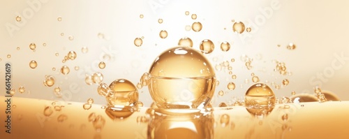 golden yellow Bubbles oil or collagen serum for cosmetic product, 3d rendering, Generative AI