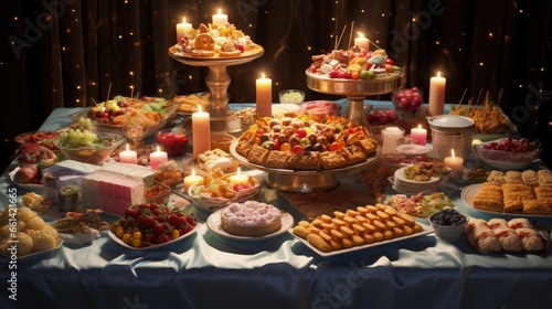 Banquet table with snacks, food on plates, festive table, corporate food