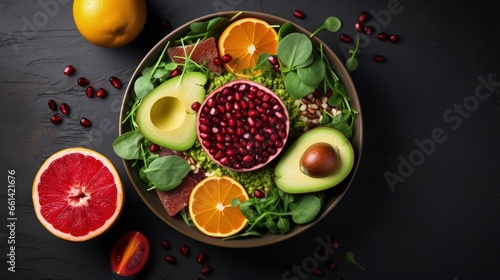 Buddha bowl dish with avocado, persimmon, blood orange, nuts, spinach, arugula and pomegranate. Healthy balanced eating. Top view. vertical image.
