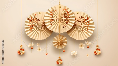 Best wishes for the New Year. Paper fans in Oriental Asian style  hanging shining lantern. Lunar New Year is a traditional holiday. Realistic fan flowers DIY party decoration on a beige background. 